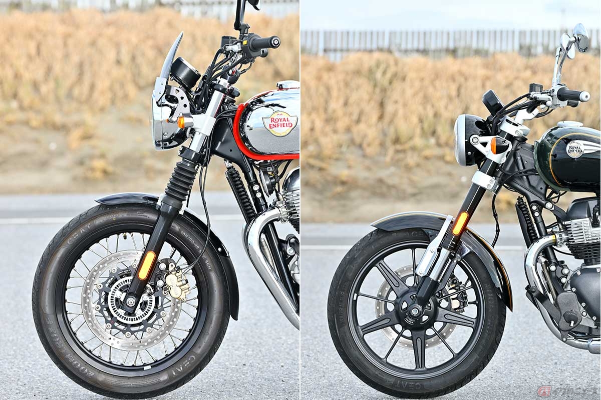 キャスター角/フロントフォークとステムシャフトのオフセットは、「INT650」が24度/32mm、「スーパーメテオ650」は27.6度/46mmとなっている。フロントブレーキディスクの外径はいずれも320mmで、「INT650」はフローティングタイプ、「スーパーメテオ650」はソリッドタイプを採用