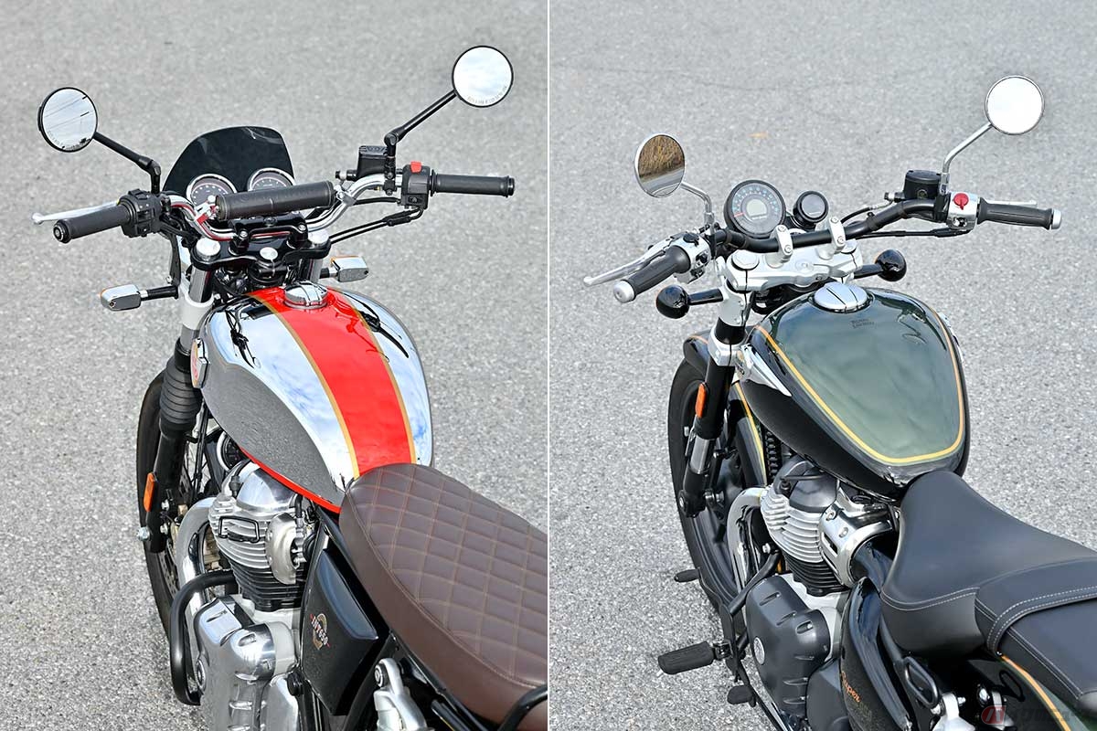 「INT650」を基準にするなら、スーパーメテオ650のガソリンタンクは横幅が広くて前後長が短い。なおフレーム形式は、「INT650」がダブルクレードルで、「スーパーメテオ650」はダイヤモンド