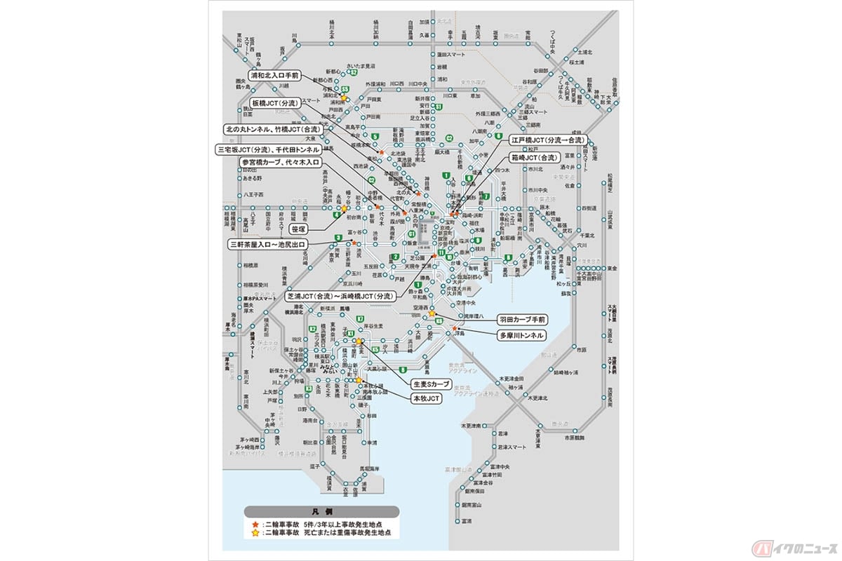 首都高のwebサイトに掲載されている「二輪車の事故発生地点マップ」/出典:首都高速道路