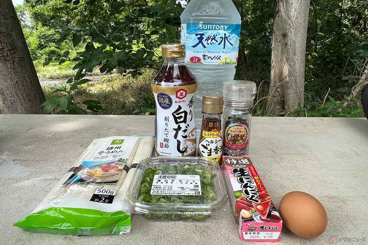 材料はそうめん、白だし、ごま油、チューブ入り生おろしにんにく、胡椒、砂糖、水、生卵。割と簡単に入手できるものばかり