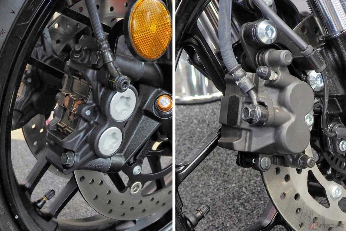 左：大型スポーツ車に多い対向4POTのダブルディスク。ブレーキパッドを新品から交換時期まで使って、ブレーキフルードの移動量は20～25ccくらい。右：小中型車に多い片押し2POTシングルディスクだと、パッドの摩耗によるフルードの移動量は5ccほど