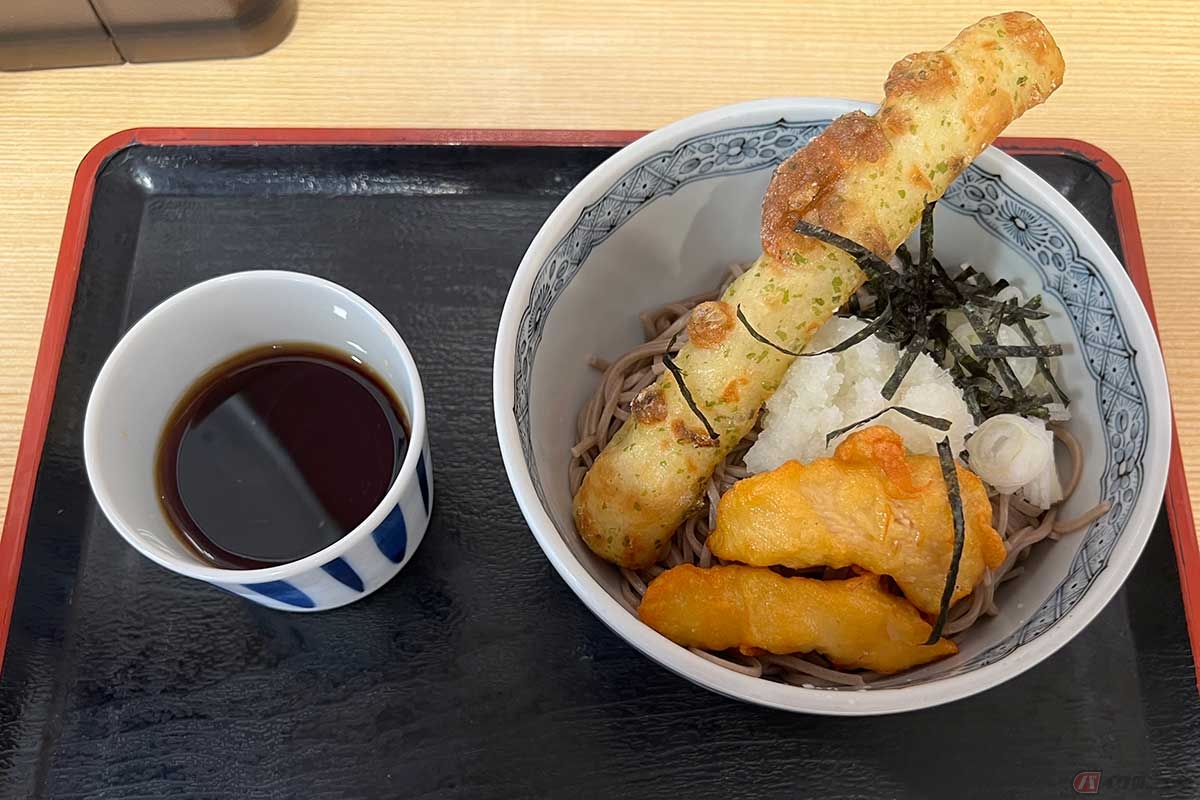 東名高速「港北PA」(上り)で見つけた、なかなか迫力ある見た目の「冷やし天ぷらそば」(790円)は、まさに夏にぴったりのさっぱりメニューだった。それでいて胃袋もしっかり満たしてくれる