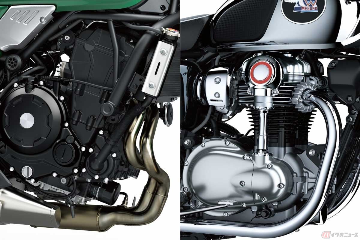現在では左のような水冷エンジン(画像はカワサキ「Z650RS」)が主流になりつつあるが、右のような空冷エンジン(画像はカワサキ「メグロK3」)も人気アリ