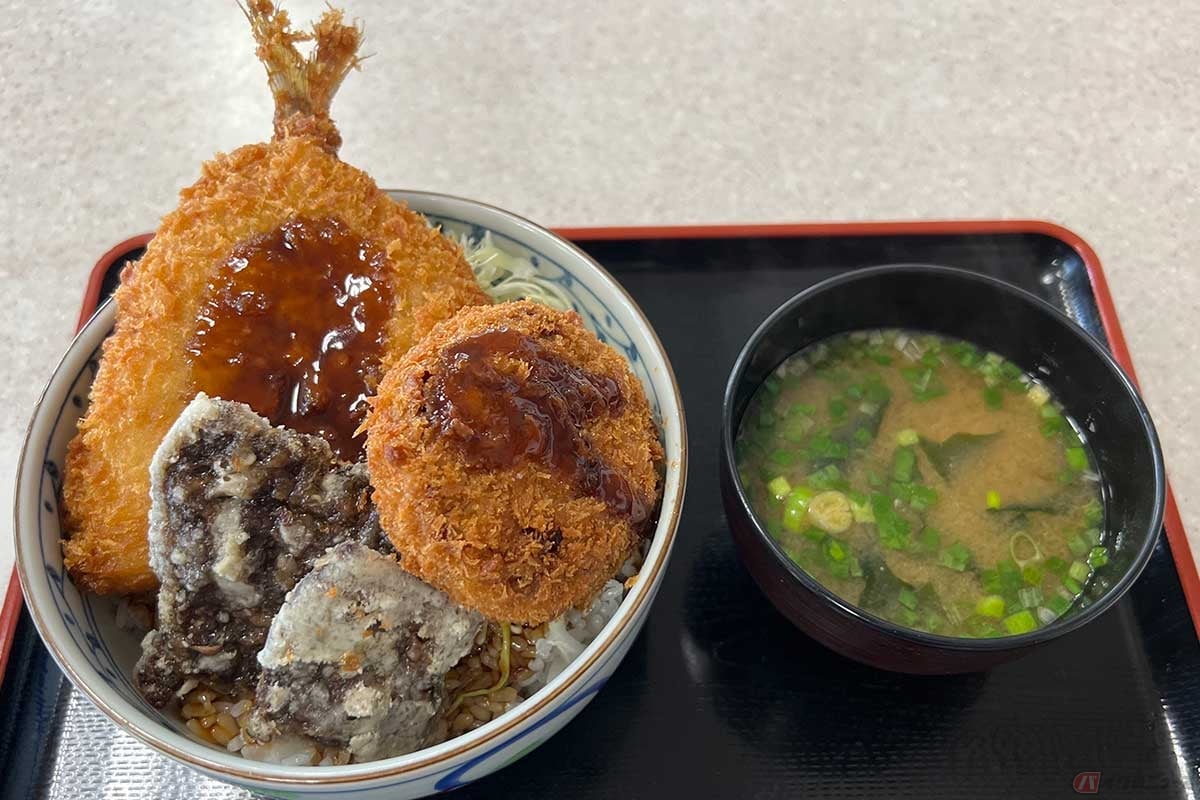 東関道「湾岸幕張PA」(上り)でオーダーした「海のうまみ丼」(1390円)の目玉は、なんと言ってもクジラの竜田揚げ。2枚も入っている。久々に食べたが、過去に記憶が無い味だった