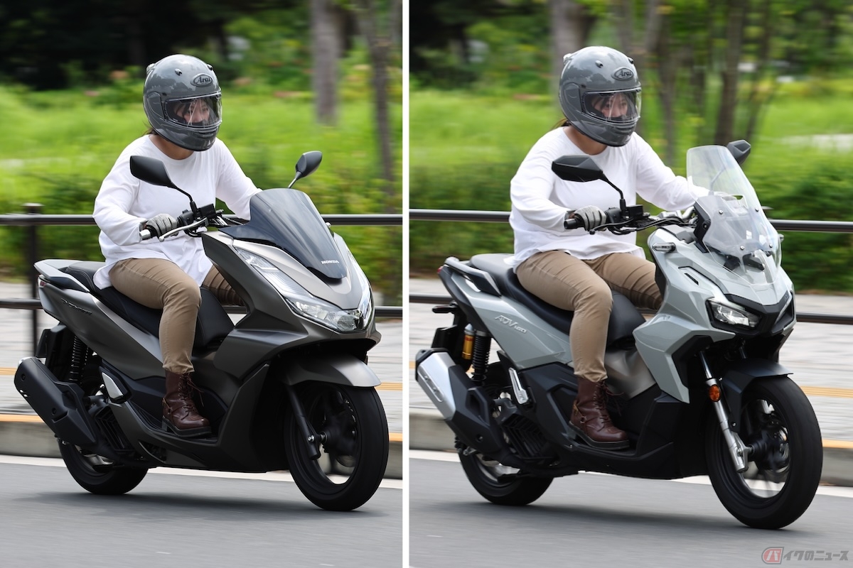 ADV160はPCX160と乗り比べて、全体的に硬い印象（左：PCX160 右：ADV160）
