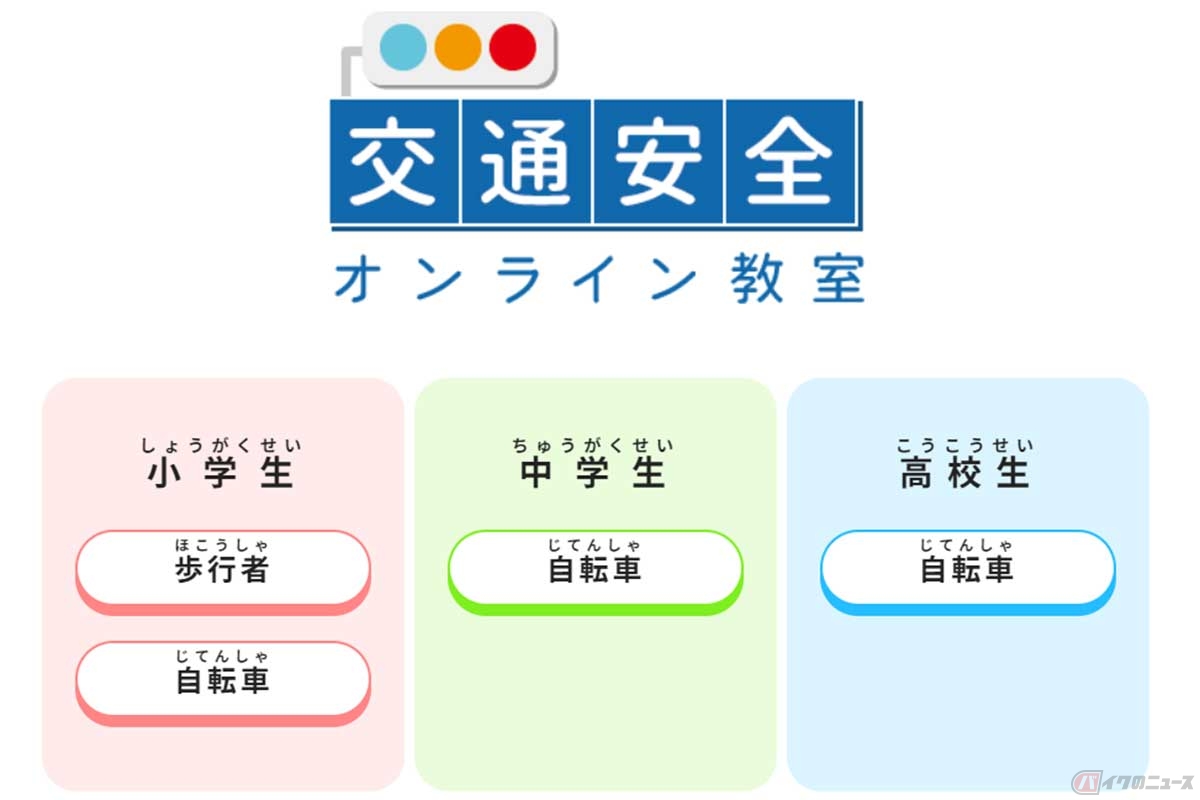 「一般財団法人日本交通安全教育普及協会」が提供する小・中・高校生向けの『交通安全オンライン教室』（交通安全オンライン教室公式HPより）。当サイトは、「自賠責運用益拠出事業」により作成