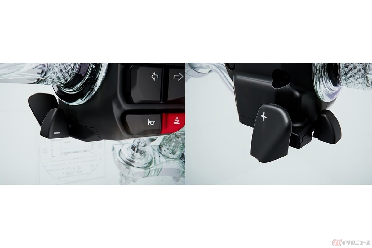 ヤマハ「MT-09 Y-AMT」。左手人差し指、親指の箇所にあるシーソー式シフトレバーでアップ&ダウン操作が可能です