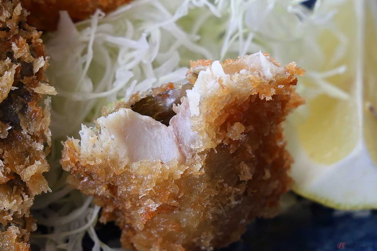 アジフライの大きさは普通だが厚みがある。ザクザクの衣の食感がグッド