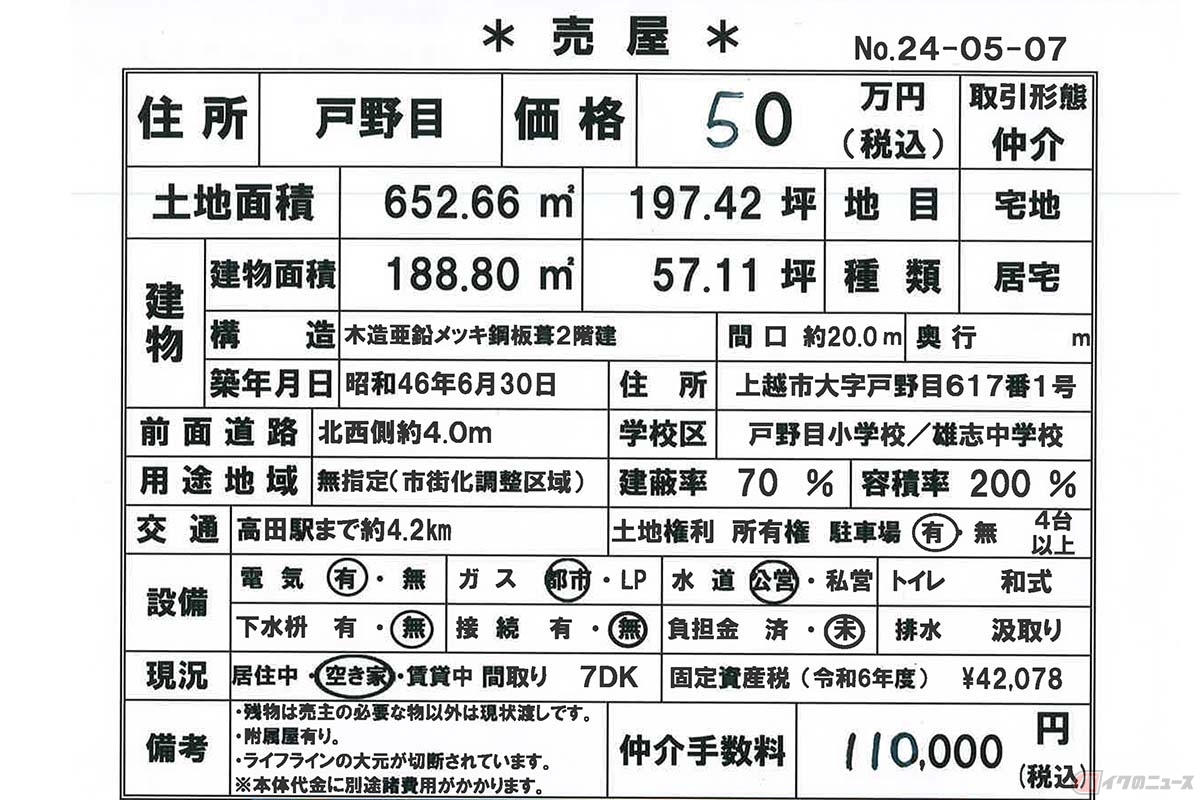 上越市にある格安古民家。配信直前に成約済みの案内が届きましたが、二拠点生活を考えている方などに向けてあえて掲載しています