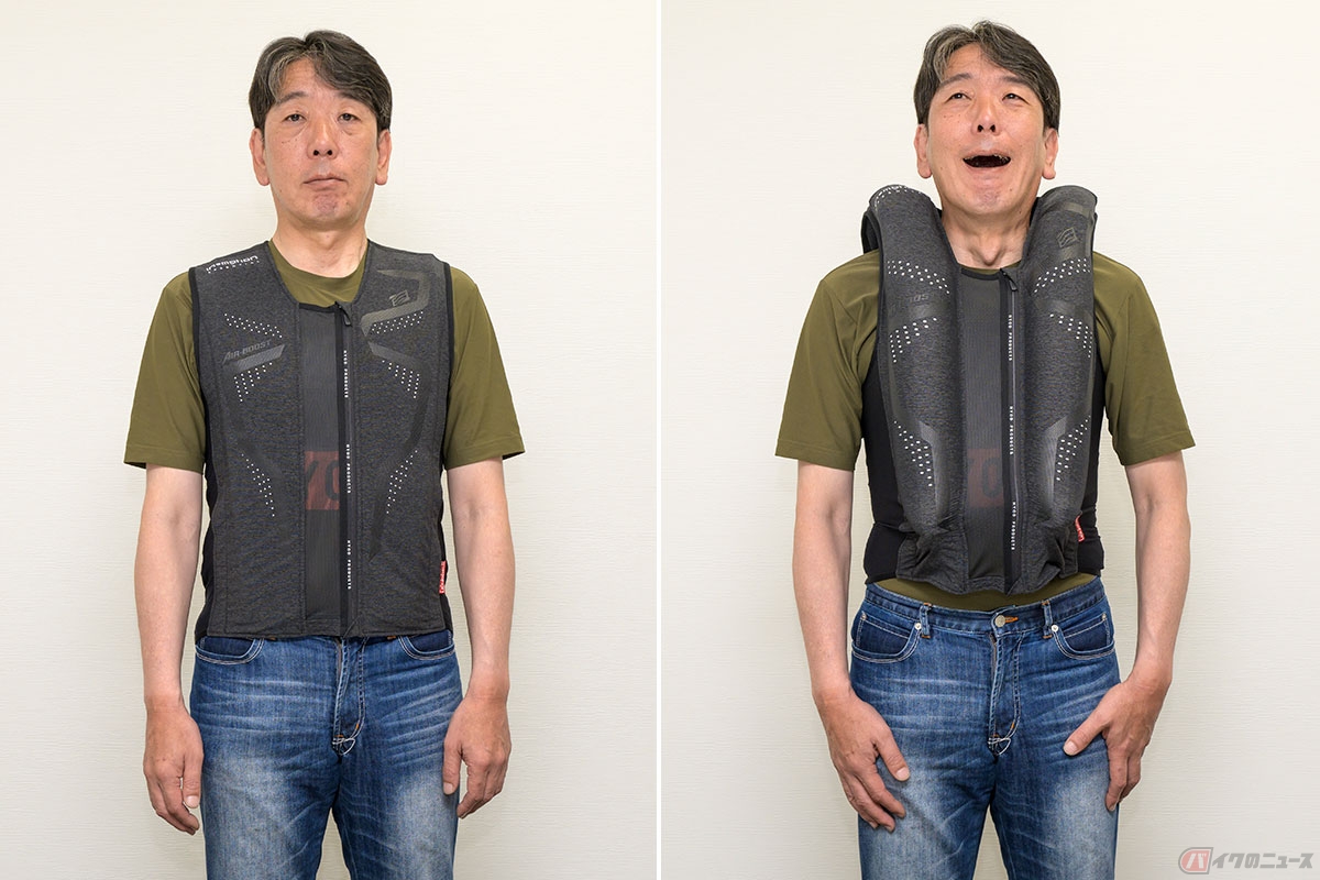 テストでエアバッグを膨らませる前後比較。右が妙な表情になっているのは、瞬間的な膨張の衝撃にビックリしたからだが、実際の転倒時はそんな余裕はないだろう