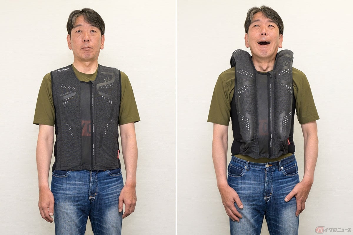 テストでエアバッグを膨らませる前後比較。右が妙な表情になっているのは、瞬間的な膨張の衝撃にビックリしたからだが、実際の転倒時はそんな余裕はないだろう