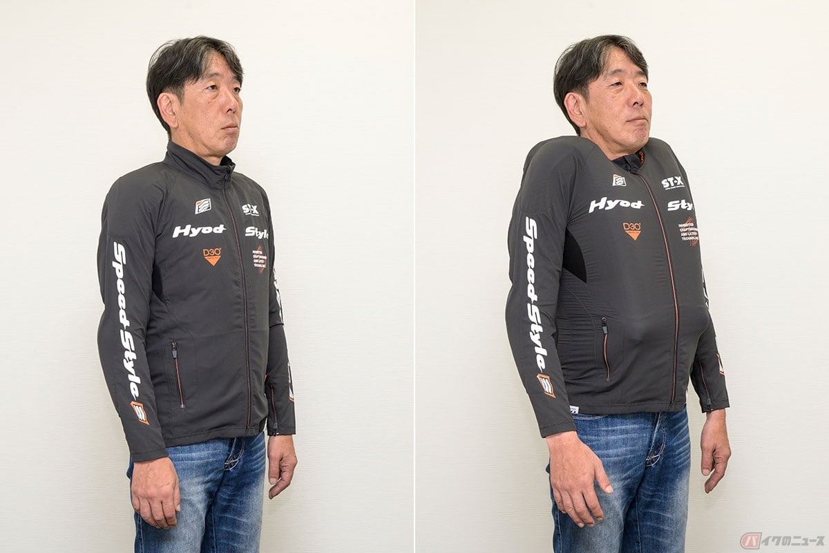 エアバッグの膨張前後。右の膨張後を見ると、ジャケットは1サイズ大きめを選択したほうがいいような気がするが、バストに13cmの余裕があれば、どんなジャケットにも対応できるそうだ