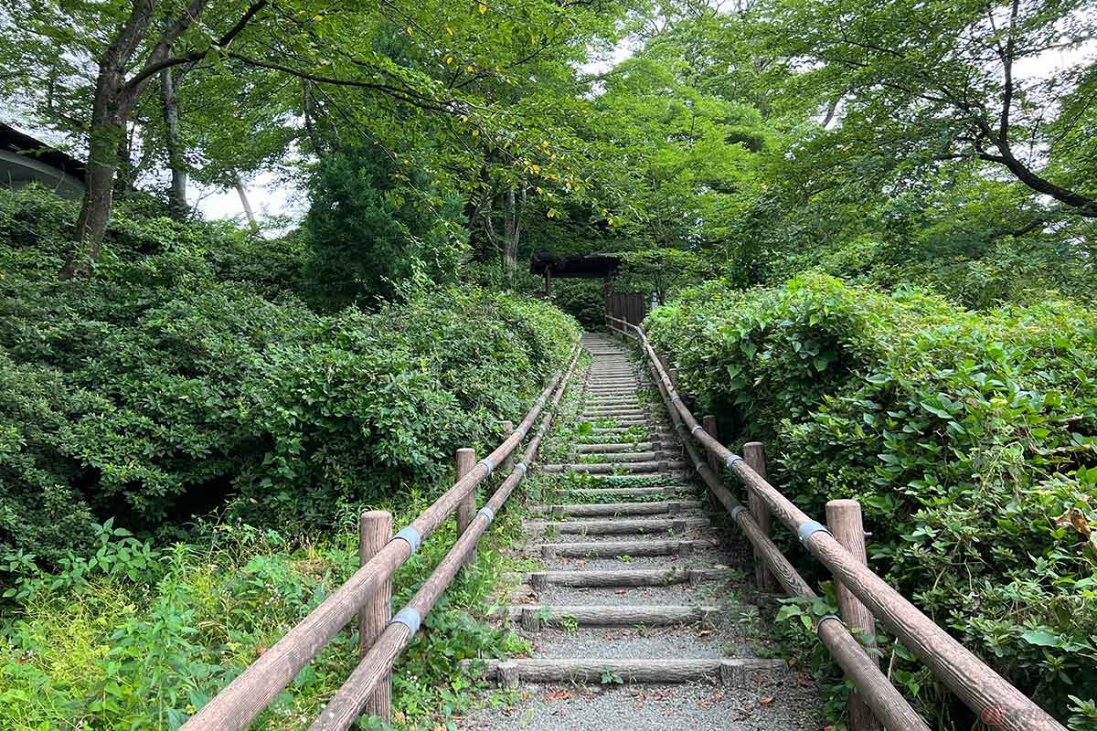 「本丸」へ続く階段。標高25mの尾崎山山頂に立地する