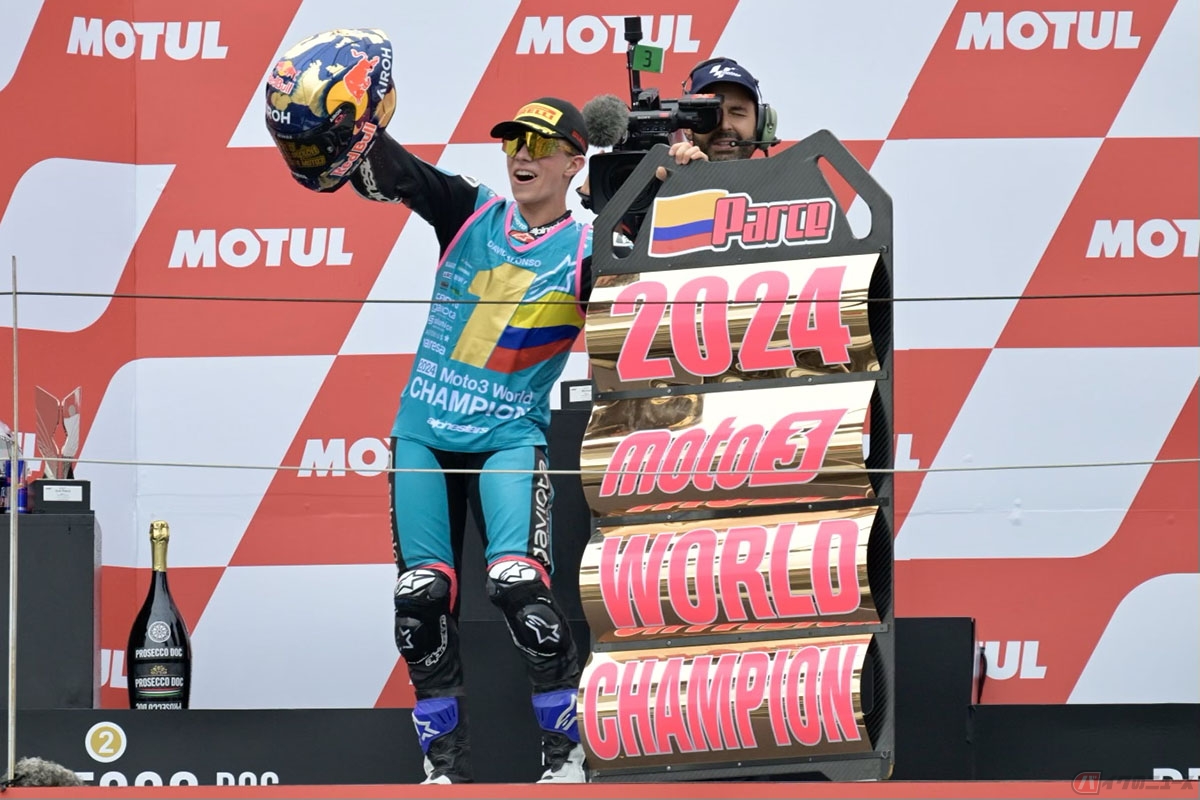 MotoGP2024第16戦日本GP Moto3クラスで優勝したダビド・アロンソ選手(CFMOTO Gaviota Aspar Team)。見事、年間チャンピオンに輝きました