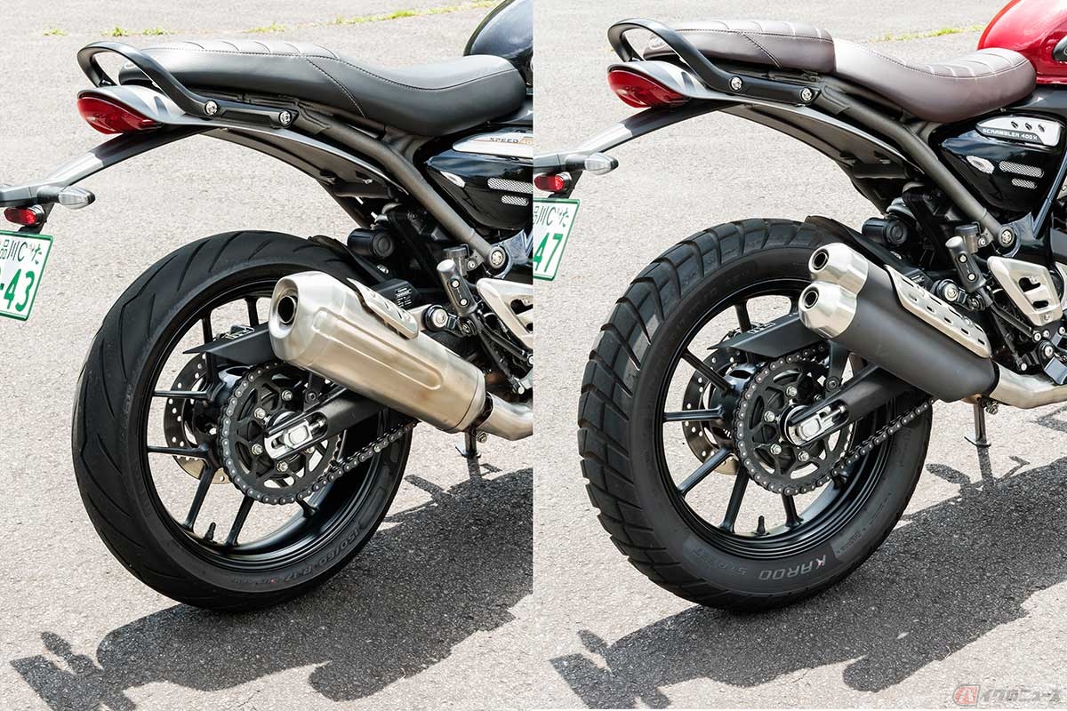 マフラーは各車専用設計。純正指定タイヤは、「スピード400」がピレリ・ディアブロロッソIIIとメッツラー・スポルテックM9RR、「スクランブラー400X」はメッツラー・カルーストリートとなっている