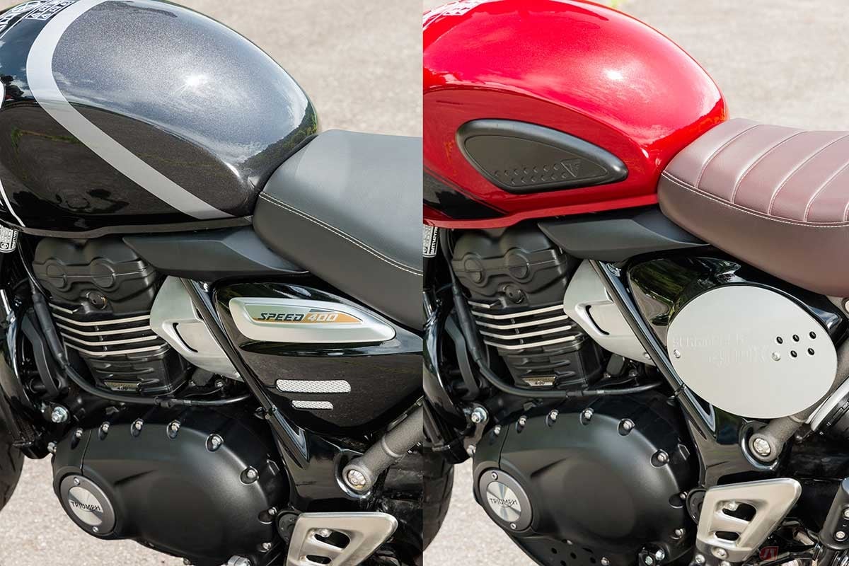 容量13Lの燃料タンクは両車に共通。ニーグリップラバーとゼッケンプレート風の左サイドカバーは「スクランブラー400X」ならではの装備