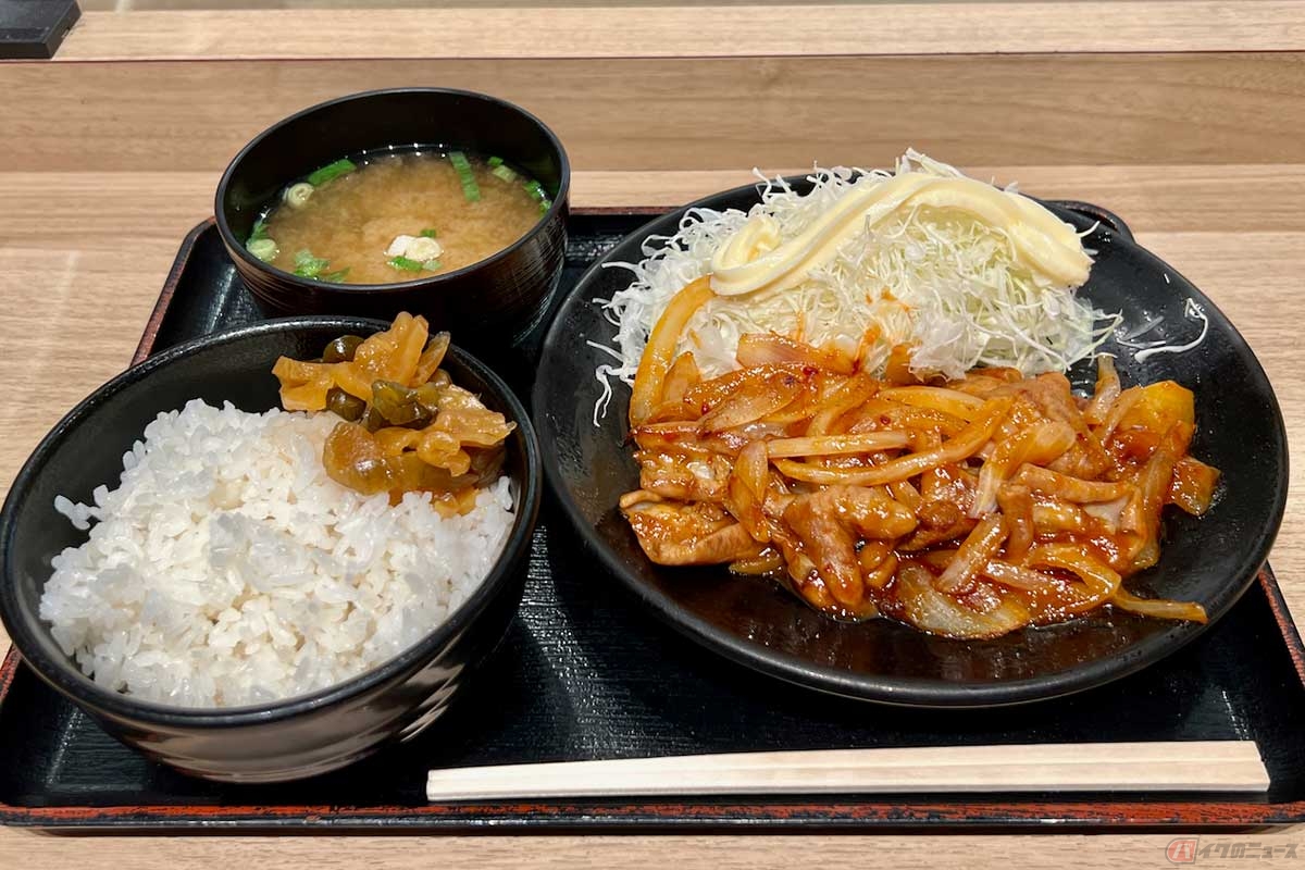 北関東道「太田強戸PA」でオーダーした「ホルモン定食」(1230円)は、見るからにコッテリ感漂う定食。ホルモンはクセがなく、また玉ねぎも多く入っていて見た目よりもあっさりと完食できた
