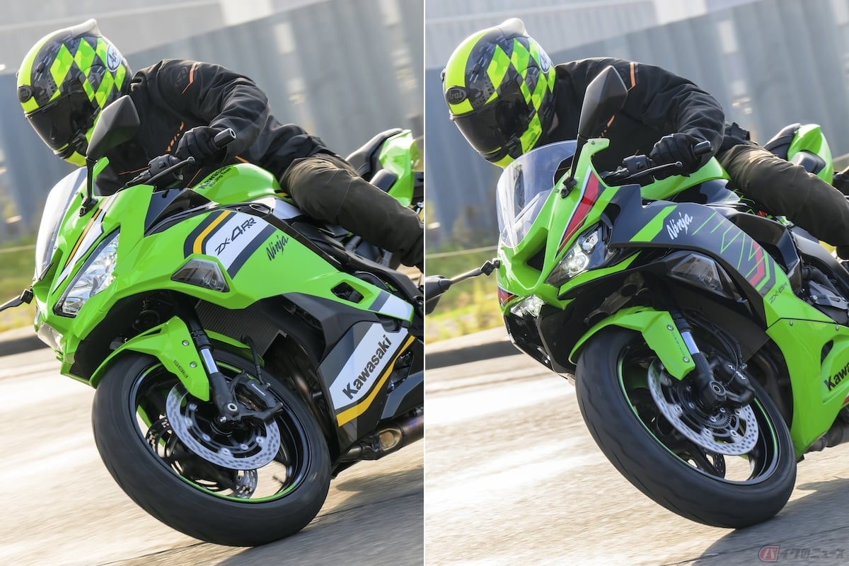 左:Ninja ZX-4RRは上半身の前傾がゆるやか / 右:Ninja ZX-6R