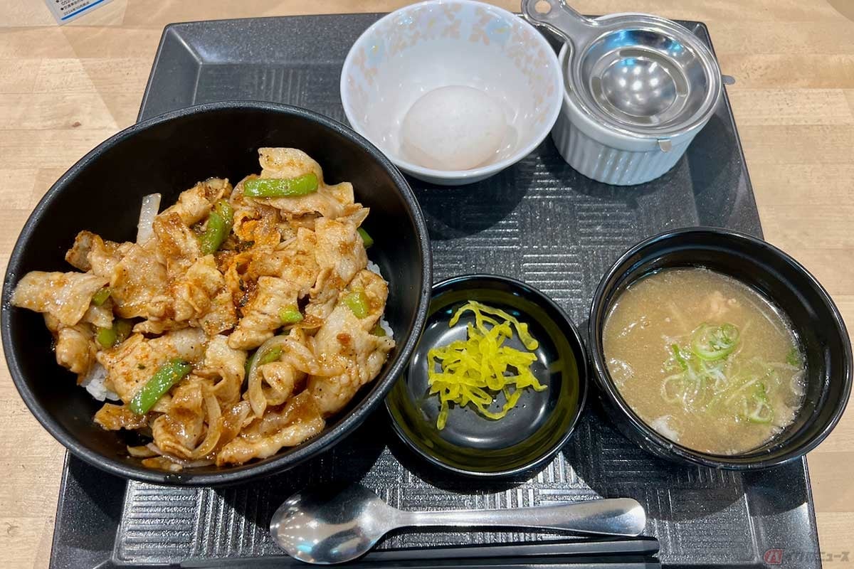 首都高「市川PA」で注文した「スタミナ豚ばら丼」(950円)は、にんにくを効かせて炒められた豚ばら肉とピーマン、玉ねぎがご飯の上に。肉は柔らかく、味付けも絶妙な濃いめで、かなり満足できるレベルだった