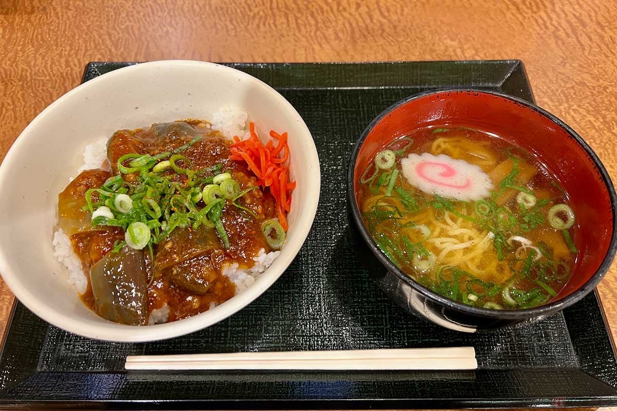 伊勢湾岸道「湾岸長島PA」(上り)でオーダーした週替わり定食の「四川風麻婆茄子丼(ピリ辛)ミニラーメン付」(830円)は、なんとなくモツ丼にも見える、四川風でピリ辛の麻婆茄子丼と、あっさりスープの中華そば風ミニラーメンの組み合わせ
