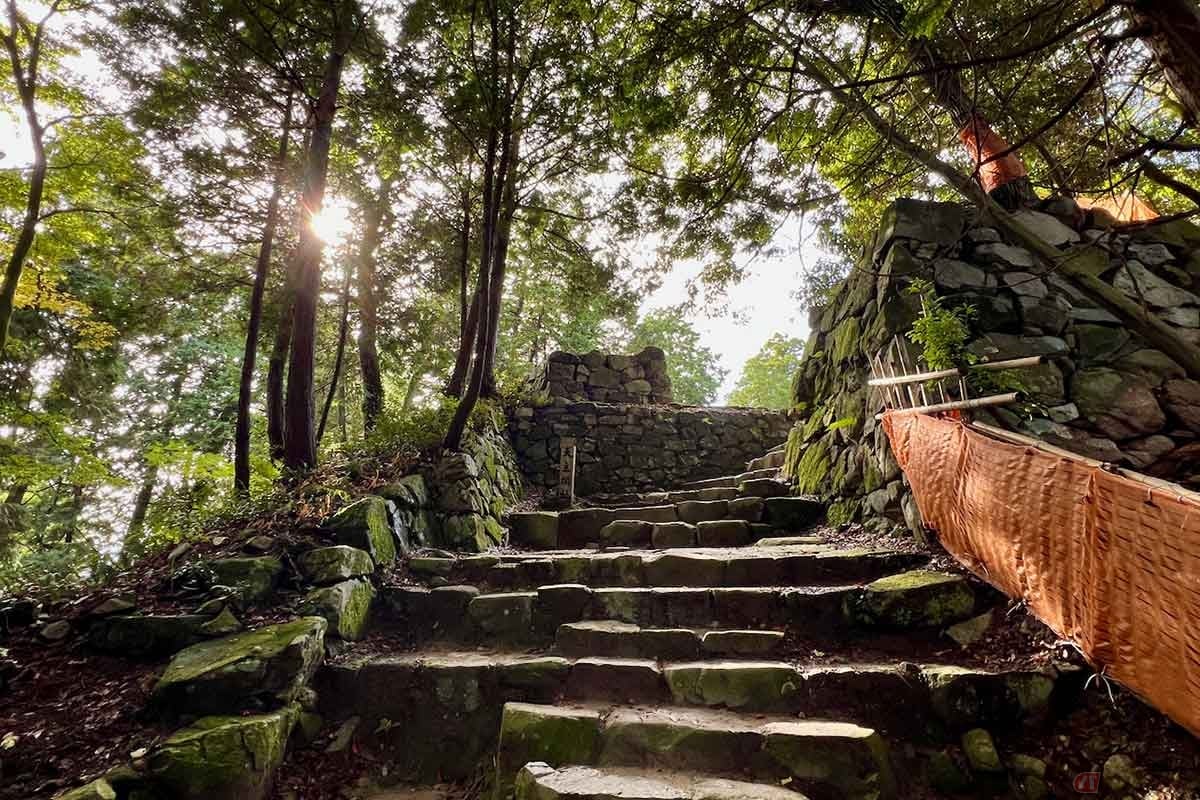 天皇を迎えるための「清涼殿」を模した本丸御殿よりも、さらに上に住んでいたという信長の天主へ続く石段。天皇よりも自分の方が上の存在だと言わんばかりの想いが、死後440年経っても伝わってくる