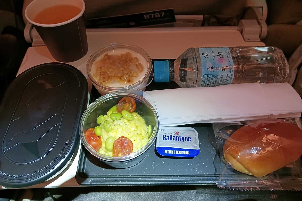 成田空港からアブダビへのフライトでサーブされた、1度目の機内食。（ライスなのに）やはりパンがついている。炭水化物が多い……