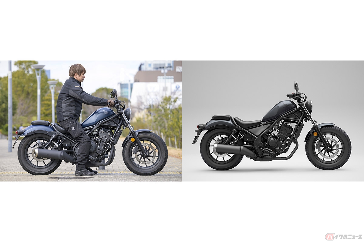  身長175cmの筆者（青木タカオ）とホンダ「レブル500」（左）。先月末に発売され、クラッチ操作不要でも楽しめる「E-Clutch」搭載グレードも設定された最新「レブル250」（右）とシャシーを共通化しているため足つき性にも優れています