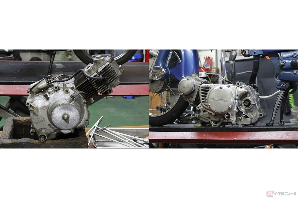 角度が違うのでわかりにくいかも知れませんが、CS90(左)とC90(右)のクランクケースには大きな違いがあります。CS90はエンジンマウントが3か所で、スーパーカブC90はエンジンマウントが2か所なため、単純なエンジンの載せ替えはできませんでした