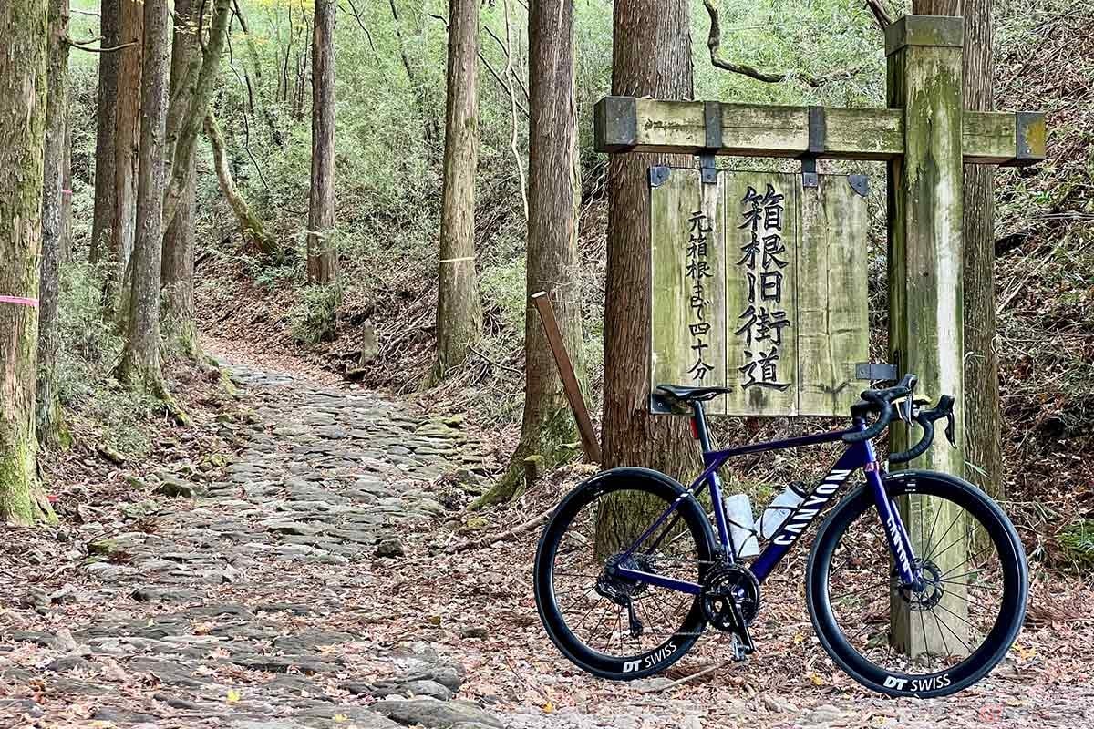 「箱根旧東海道」ヒルクライムルートの県道の脇には、今も石畳が残っています
