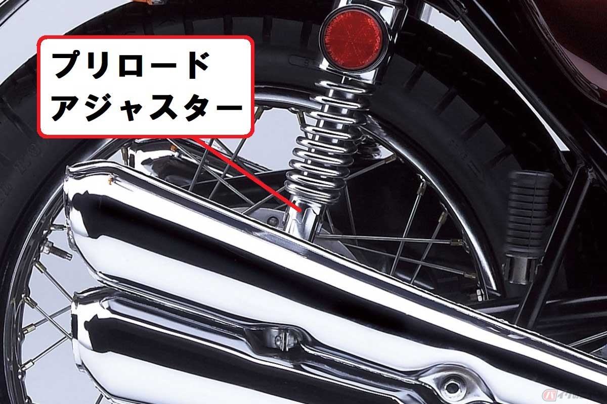 1972年に発売されたカワサキ「900Super4」（通称：Z1）のリアサスペンションには「プリロードアジャスター」が装備されている