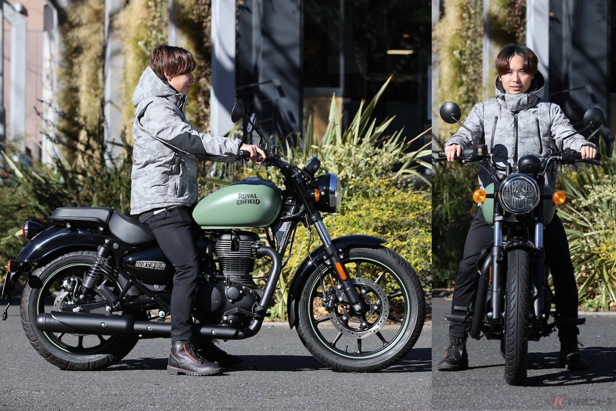 シート高は765mmのロイヤルエンフィールド「メテオ350」の足着きチェック(身長165㎝)