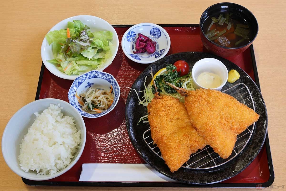 「和食処 あんず館」の「アジフライ定食」。サラダが付いてくるのが嬉しい。アジフライは単品でもオーダーできる