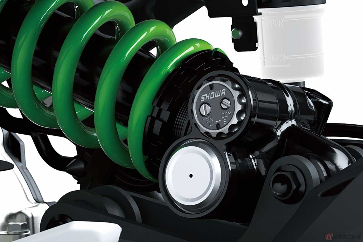 カワサキ「Ninja ZX-4RR」のリアショックユニットの減衰アジャスター。TENが伸び側、COMが圧縮側の減衰力を調整