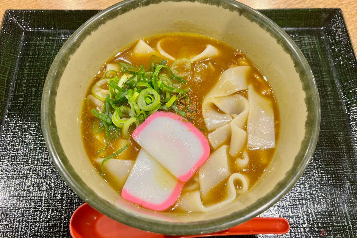 伊勢湾岸道「湾岸長島PA」（上り）で、とてもシンプルな「カレーうどん」（920円）かと思いきやツルツルモチモチ食感の平麺がとてもよく合う、知っていそうで知らなかった食感を堪能