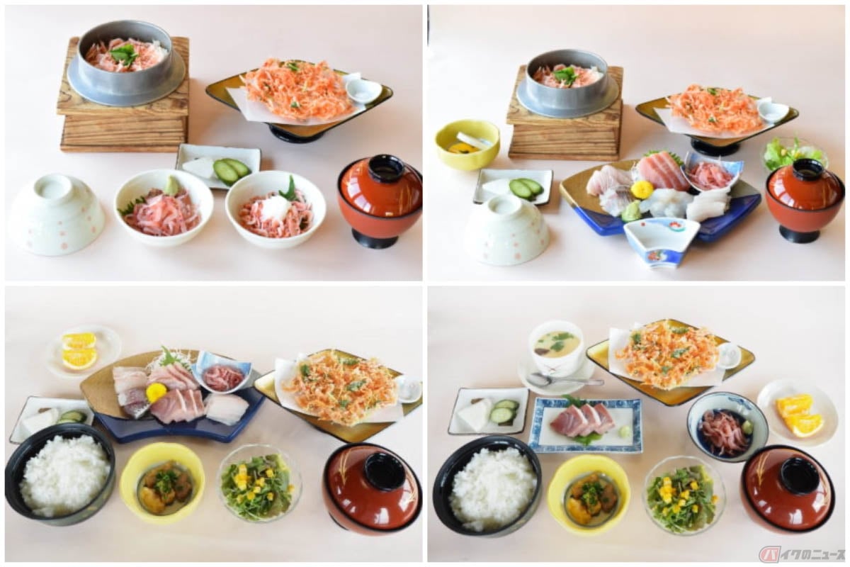 静岡県静岡市の由比にあるグルメスポット「くらさわや」の御膳。釜飯も入った桜えびセット(右上)が人気とのことです