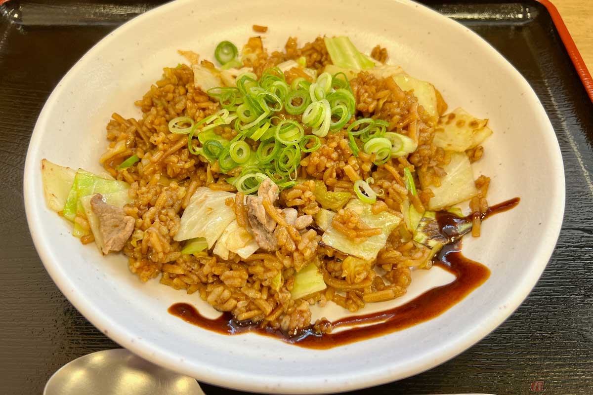 第二神明「垂水PA」（下り）で「豚そばめし」（990円）を実食。「そばめし」は関東では馴染みが薄い、神戸発祥のB級グルメとのこと。関西で有名な「オリバーソース」の「どろソース」を少しかけていただいた