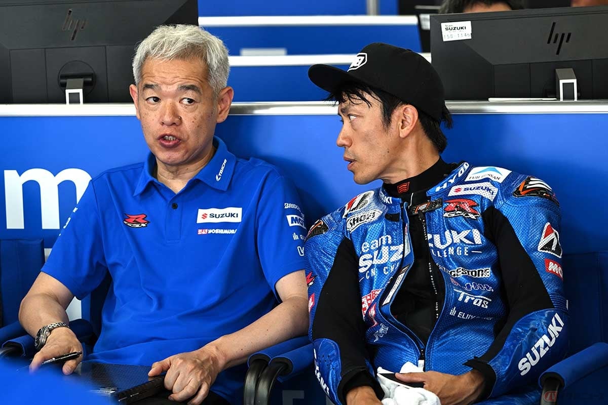 「チームスズキ CN チャレンジ」ディレクターの佐原伸一さんとライダーの生形 秀之選手
