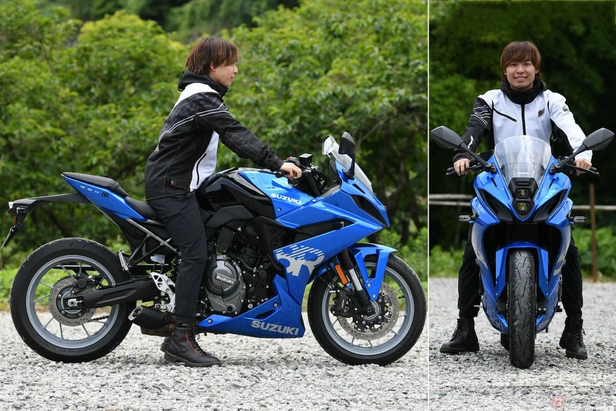 シート高810㎜のスズキ「GSX-8R」の足つき性(身長165㎝)は、踵が少々浮く程度