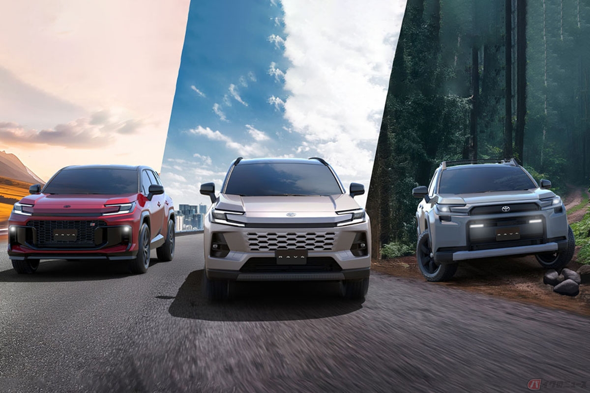 左からRAV4 GR SPORT、RAV4 CORE、RAV4 ADVENTURE(いずれもプロトタイプ)