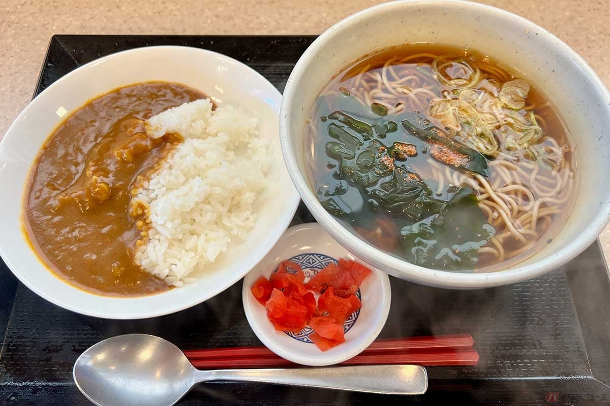 東関道「湾岸幕張PA」(下り)で「朝限定メニュー」をリピート。この日は「朝そば ミニカレーセット」(780円)を実食。朝に食べるそばはローカロリーで腸内を整える健康的な食品でもあり、ミニカレーとの組み合わせで胃袋も満たしてくれた