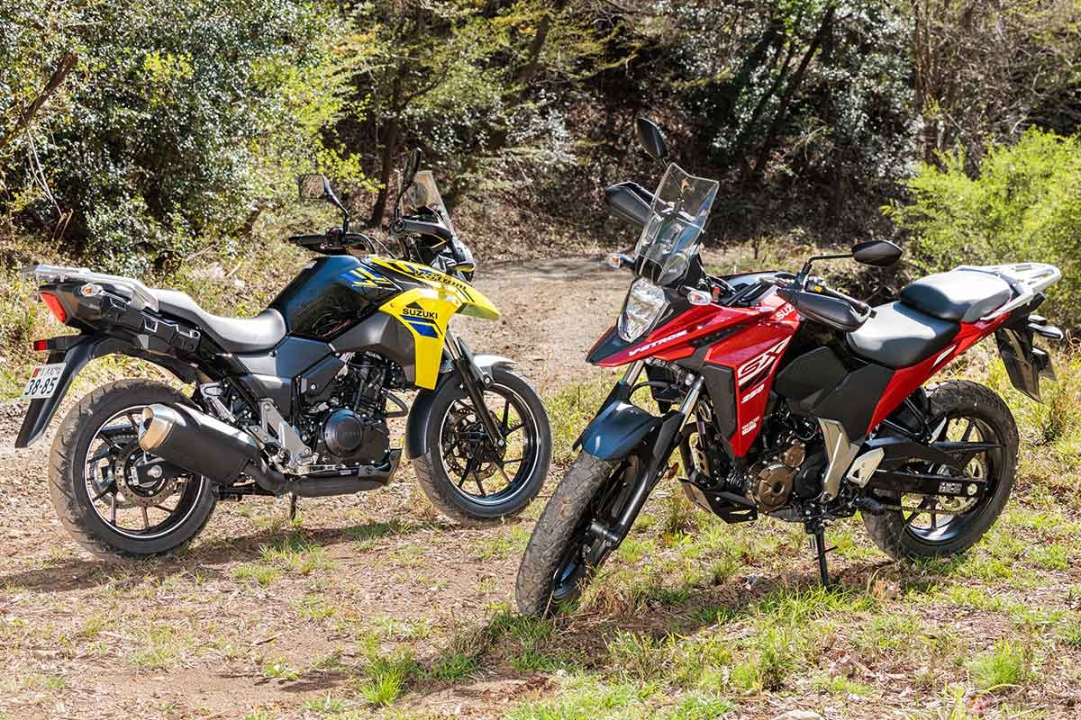 前後ショックの設定は異なるようだが、「V-Strom250」（写真左）は前後17インチのIRC RX-01を含めて足まわりは「GSX250R」と共通。「V-STROM250SX」（写真右）のタイヤはフロント19／リア17インチで、日本仕様はセミブロックパターンのMAXXIS・MAXXPLOREを採用