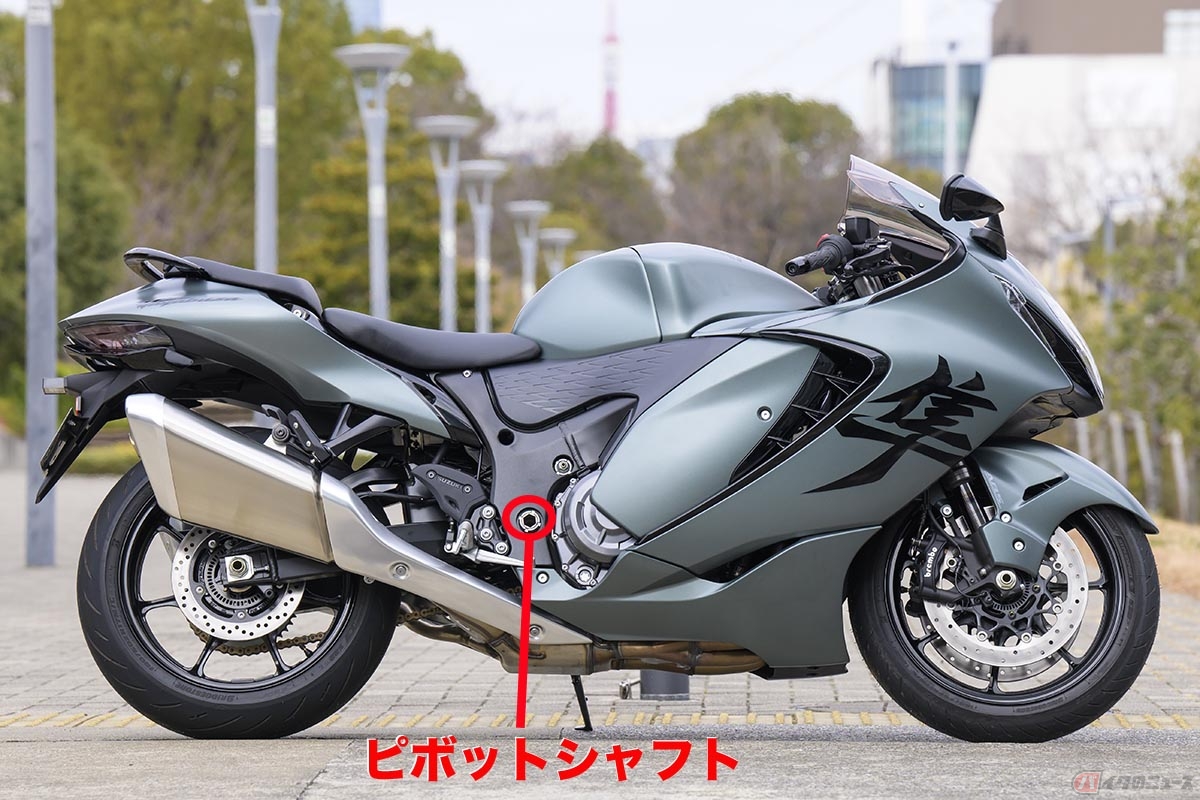 スイングアームの軸となるピボット。ピボットシャフトを介してフレームと繋げられています。基本的な構成は同じですが、車種により位置や形状が異なります