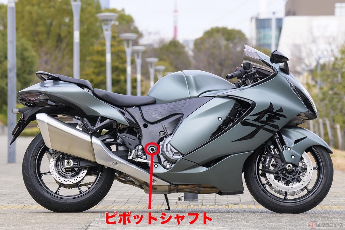 スイングアームの軸となるピボット。ピボットシャフトを介してフレームと繋げられています。基本的な構成は同じですが、車種により位置や形状が異なります