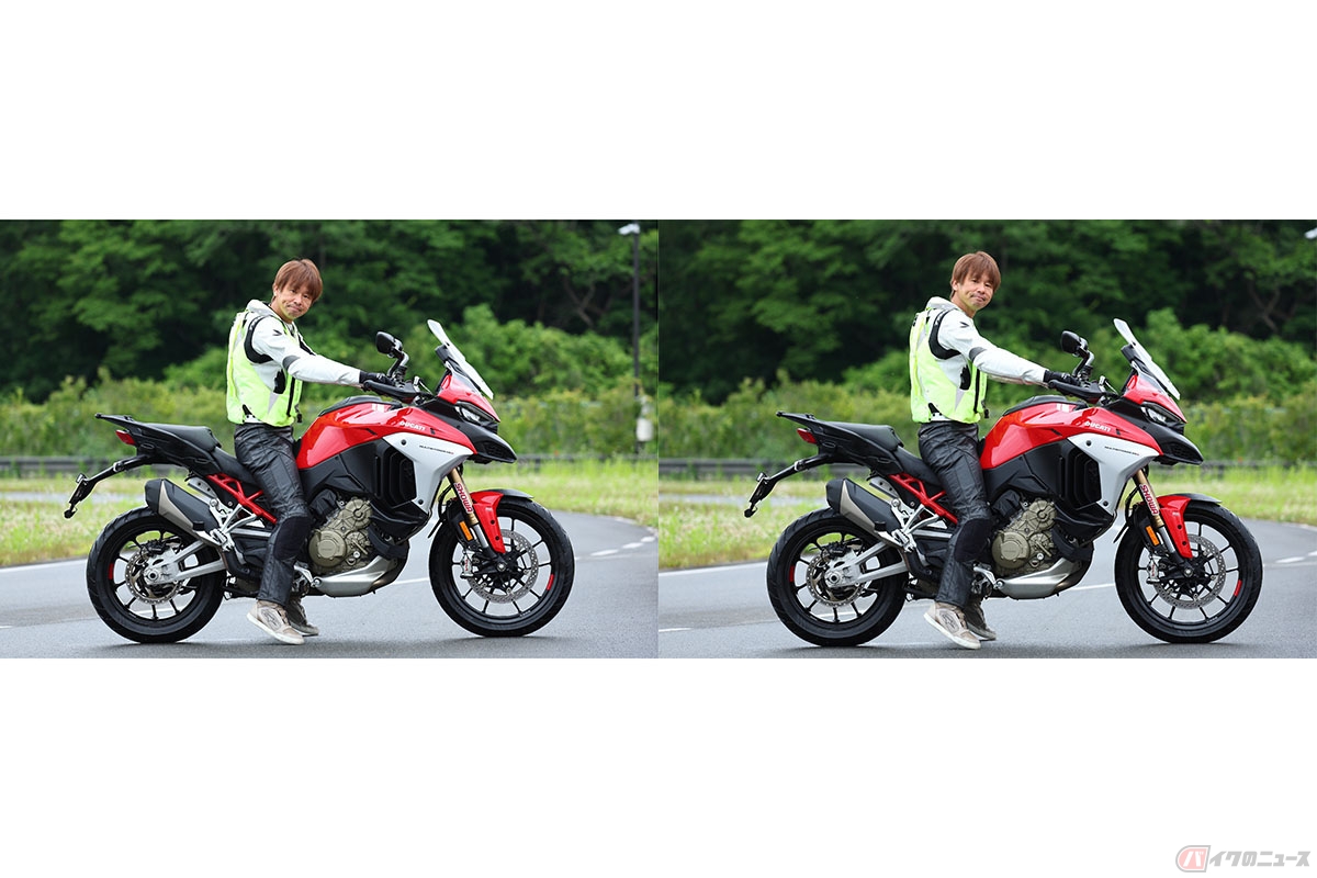 車高が最大時(右)と最も低い際(左)の足元の比較画像。膝周りの余裕からも違いが分かるでしょう