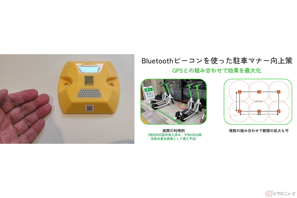 Limeに搭載されたBluetoothビーコン。全ポートに設置済みで、ビーコンから半径3m以内に返却しないと、利用の終了ができません
