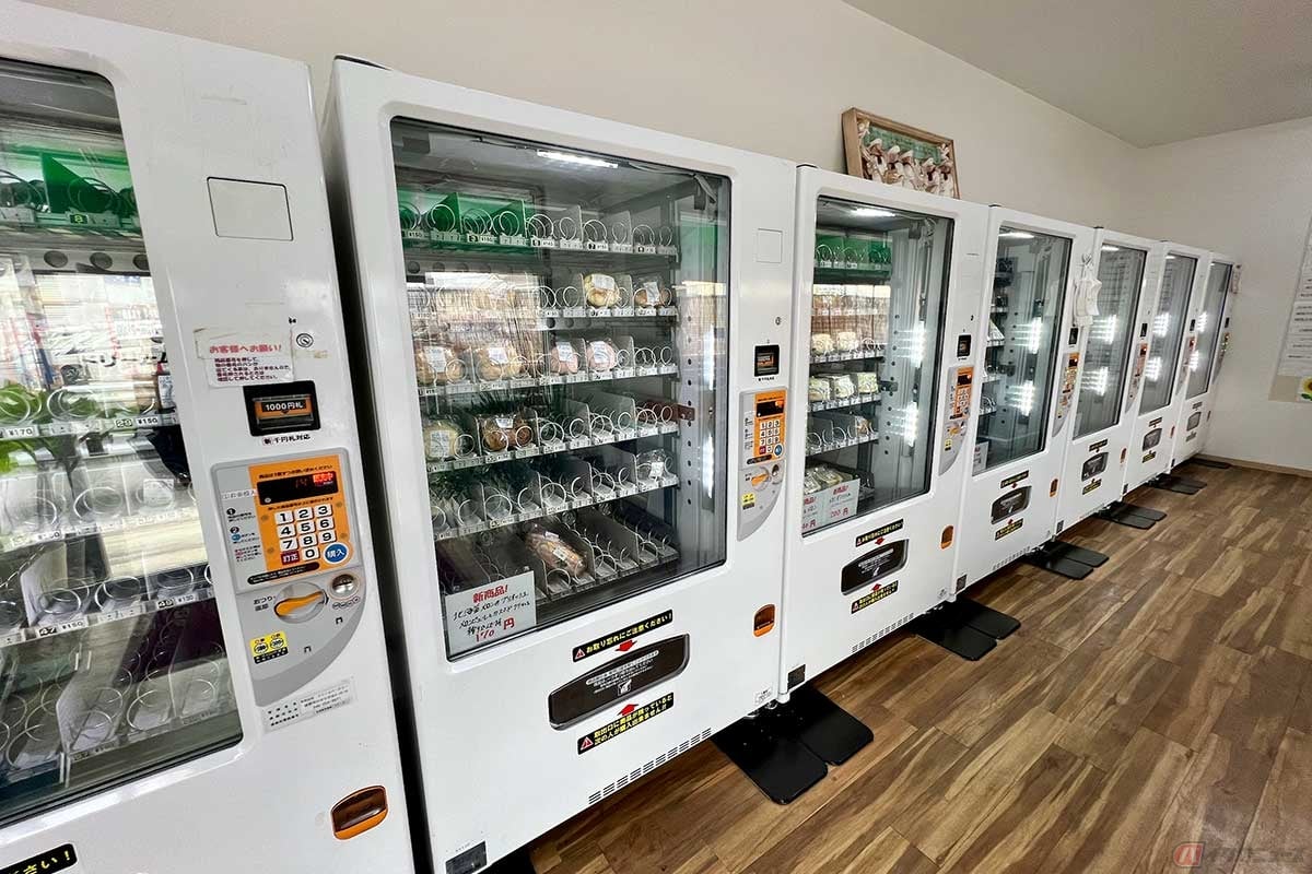 パン工場直営店ならではの豊富なラインナップと安さが特徴。店内には8台の自販機が設置されていた