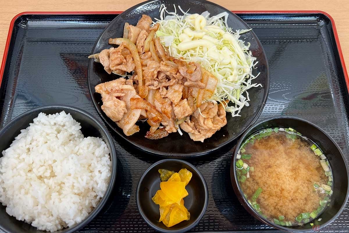 常磐道「美野里PA」(下り)でおすすめメニューとして貼り出されている「みのりの生姜焼き定食」(1100円)を実食。豚肉の量もすごいが玉ねぎもどっさり入っていてボリューム満点。生姜の風味がしっかり活かされているのも好印象