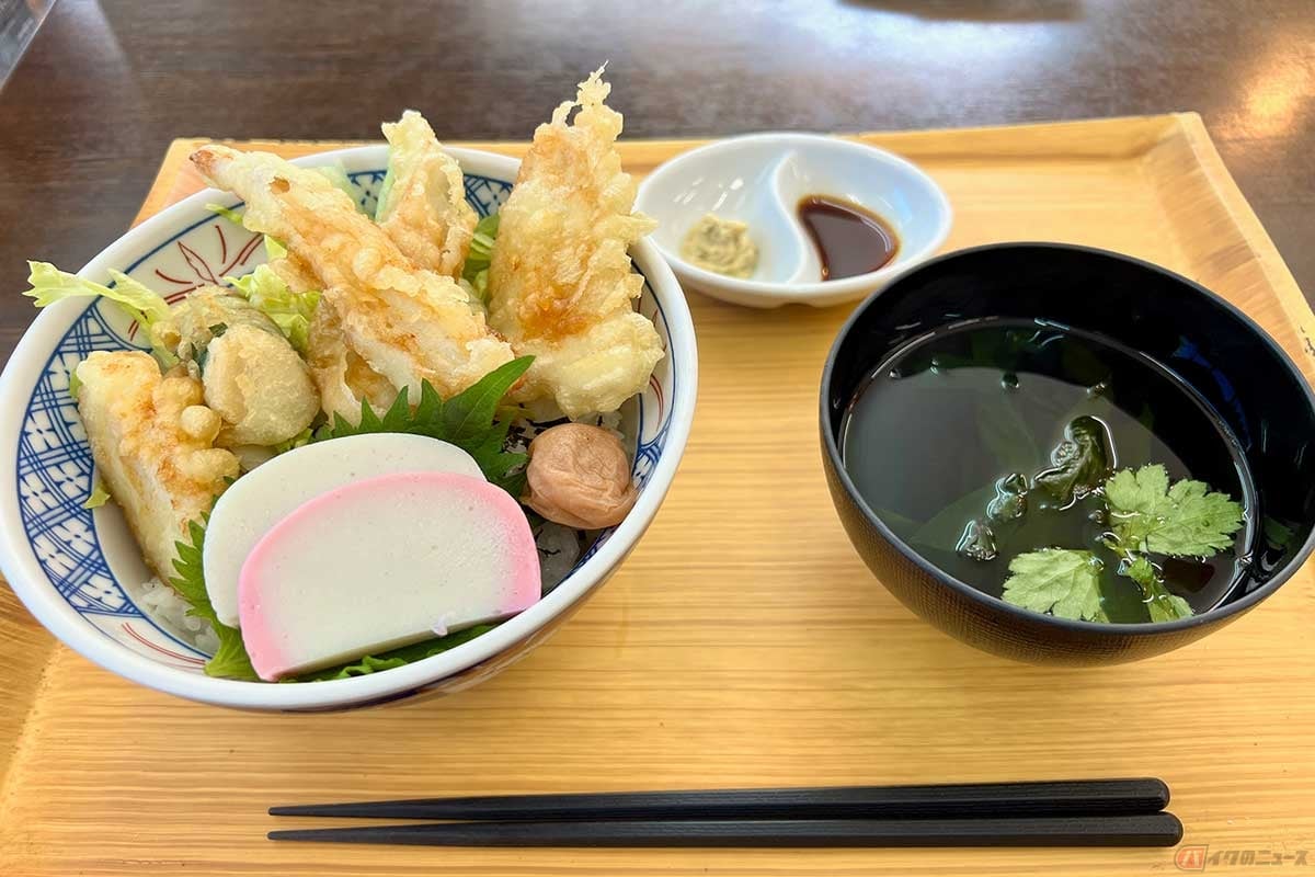 小田原厚木道路「大磯PA」で見つけた「小田原のかまぼこ天丼」（1030円）を実食。全体的に爽やかな色合いで、変化球的ではあるが、海に近いPAならではのメニューだった