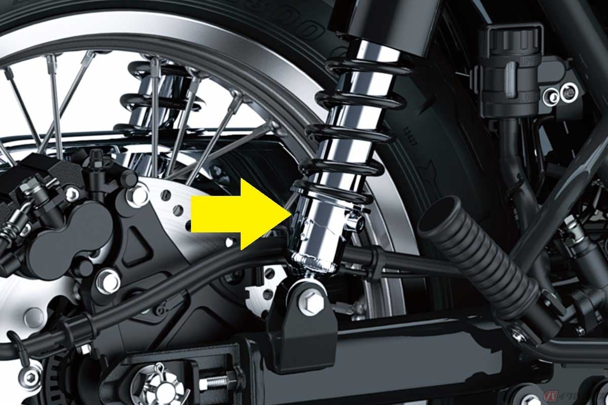 リアサスペンションのショックユニットに備わるプリロード調整機構。画像はカワサキ「メグロK3」のリアショック