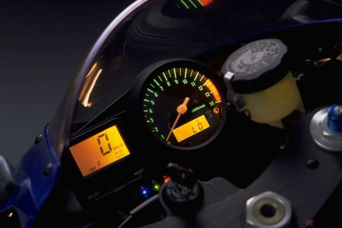 ヤマハ「YZF-R1」(1998年)は、大径のアナログ式タコメーターに、スピードをデジタル表示する大型液晶パネルをセットする